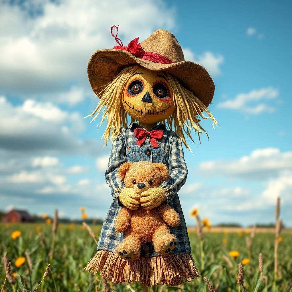 Spookarifik scarecrow doll wearing a blue plaid dress and hat, holding a small teddy bear in a sunny sunflower field.